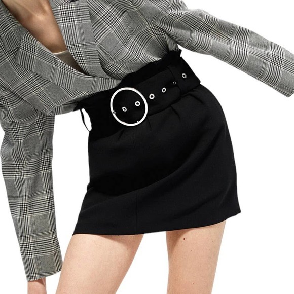 ZARA Dresses & Skirts - Zara Mini Skirt Paper Bag Style Black Silver Oversized Belt XS